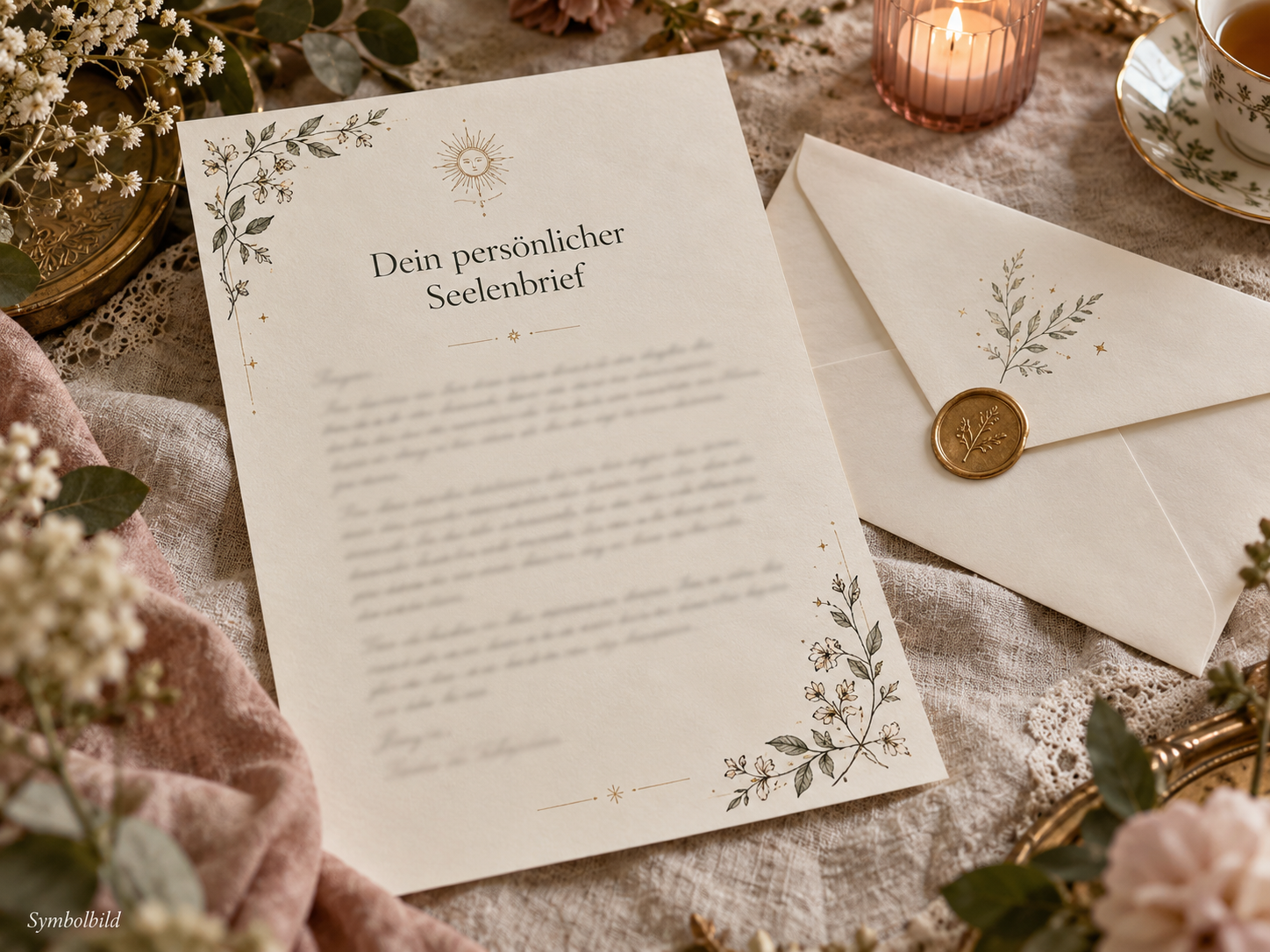 Indywidualny List od Duszy na kwiatowej papeterii, z kopertą i pieczęcią. Zdjęcie poglądowe.